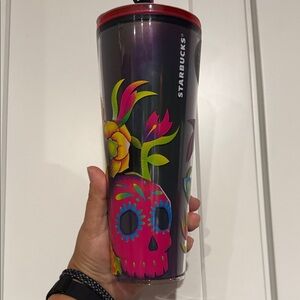 Starbucks Black Tumbler with Pink Skull and Floral Design